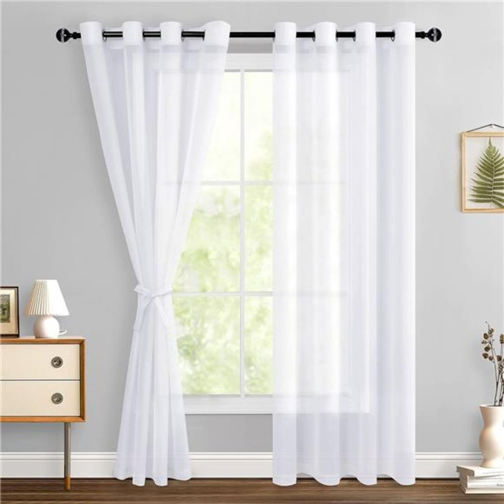 White Sheer Curtains 84Inches Long with Tiebacks,Light Filtering SemiTransparent
